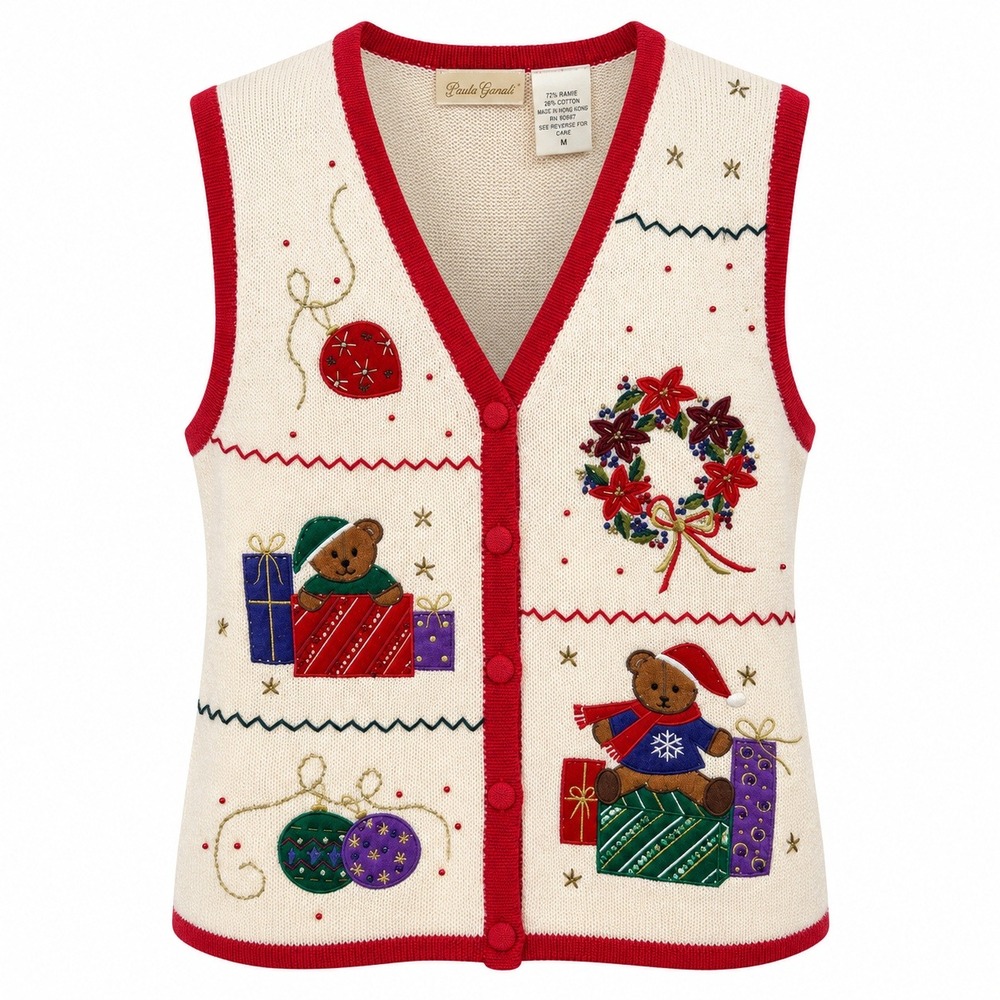 Vintage Holidaycore Christmas Sweater Vest Women XL Festive Teddy Bear Retro